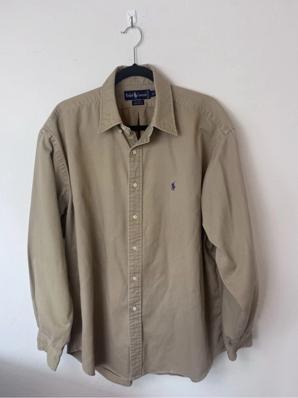 Ralph Lauren Blaire Men's Long-Sleeve Button-Down Shirt XL Khaki with Navy Pony